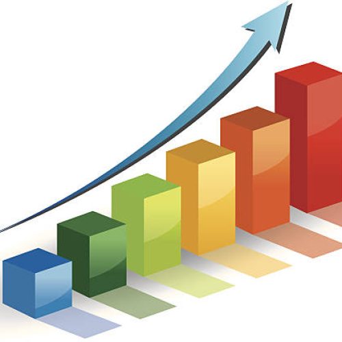 Business graph growth progress and blue arrow.